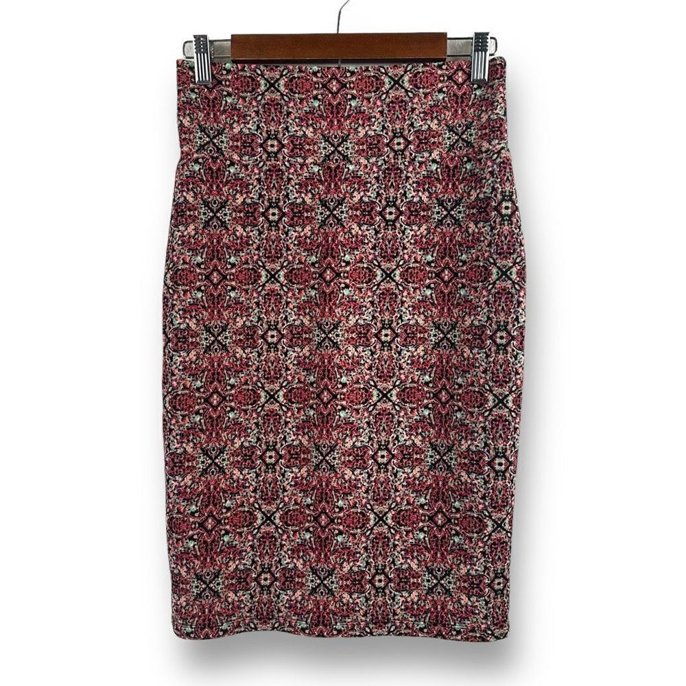 LuLaRoe Women's Size S Cassie Pencil Skirt Maroon Rust Ikat Paisley Print Stretc